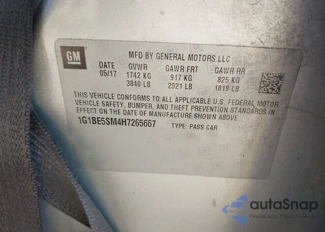 2017 Chevrolet Cruze Lt Auto z USA, uszkodzony, nr VIN 1G1BE5SM4H7265667